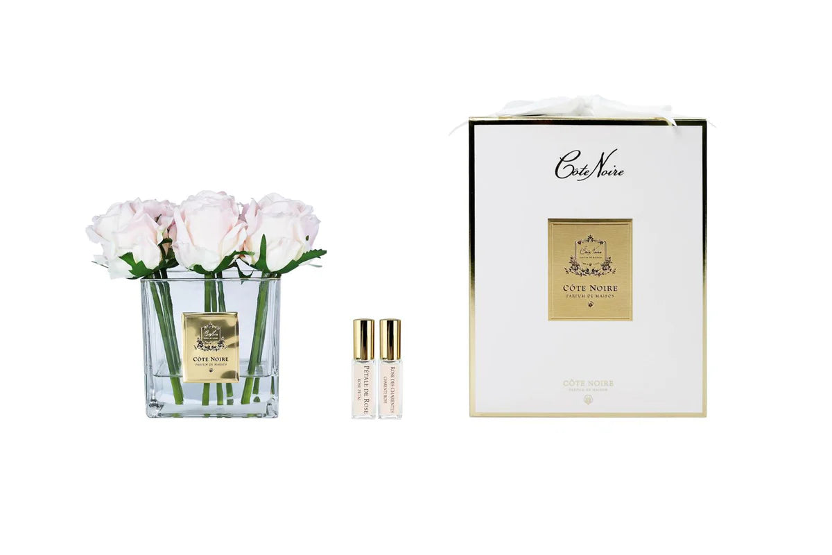 NEW - Cote Noire Couture 9 Rose Buds - Square Clear Vase with Gold Badge - French Pink