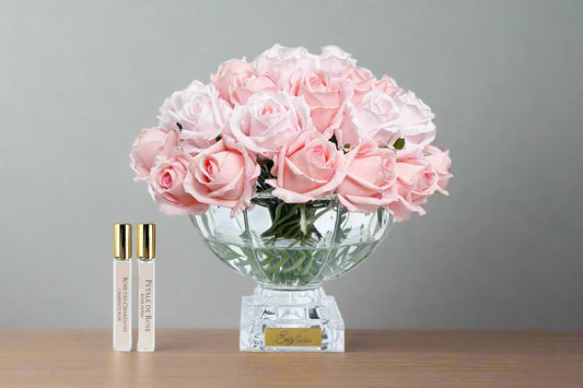 Cote Noire Luxury Centerpiece 37 Rose Bud Bouquet - Mixed Pink with Gold Badge