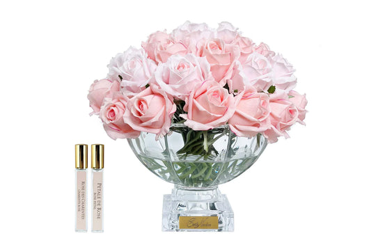 Cote Noire Luxury Centerpiece 37 Rose Bud Bouquet - Mixed Pink with Gold Badge
