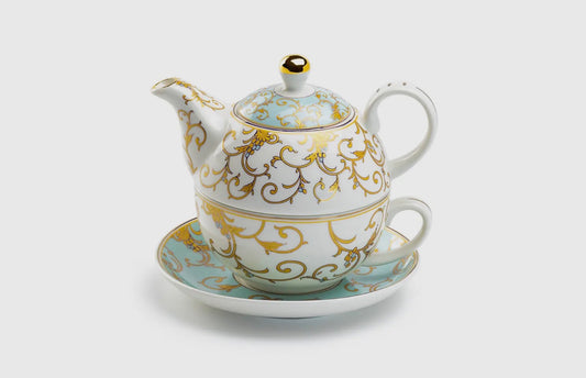 Mint Gold Scroll Tea for One Set w/Gift Box